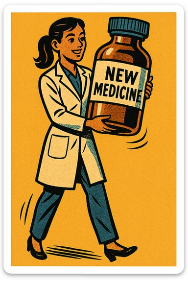 A full body image of modern day female scientist holding a large medicine bottle which is labelled 'New Medicine' sticker