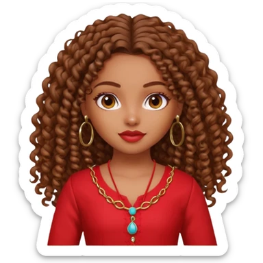 generate a pretty bratz girl with a red kurti, long curly hair, hoops sticker