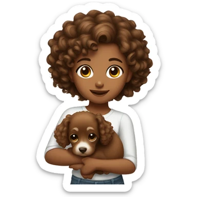 Brownskin girl with curly hair holding brown puppy sticker