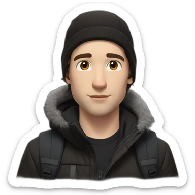 white boy,mi-long brown hair,winter cap black The North face,black jacket The North face,1 Backpack sticker