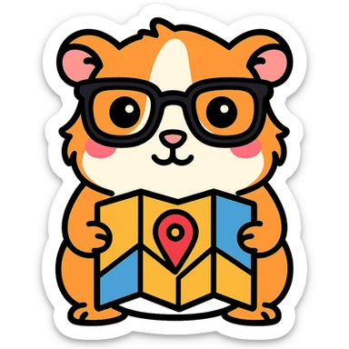 Make the guinea pig match the original reference: same face and glasses style, but holding a map for a maps/navigation app, in a cute, outlined, colorful style. sticker