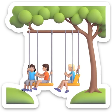 A person pushing a swing with a child sitting on it, outdoors, under a tree, in daylight. The swing is moving back and forth. Focus on the motion of swinging and the person gently pushing it sticker