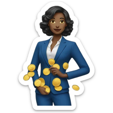 Posh-woman-with-blue-suit-holding-golden-coins sticker