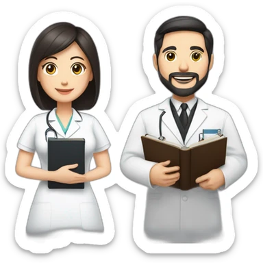 middle age american pastor with dark brown hair with trimmed beard wearing a suit holding a bible, beside woman asian middle age with black shoulder length hair wearing a nurse uniform sticker