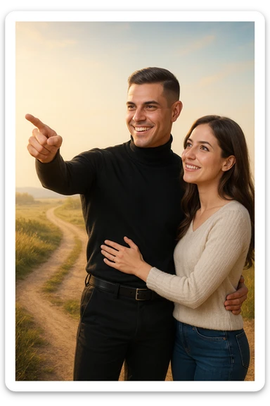 a couple stands at a crossroads, the man pointing confidently toward a direction while the woman looks at him with trust and optimism. Both are illuminated by soft, uplifting light, representing faith in each other’s strengths and the positive outcomes of working together. sticker