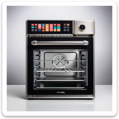 Ein mechanischer Bäcker mit Edelstahlkörper, eingebautem Rührarm, LED-Anzeigen und Touchscreen-Ofen. Die UI ist aus gebürstetem Metall, mit Schrauben, Schaltern und digitalen Displays im Retro-Stil. sticker