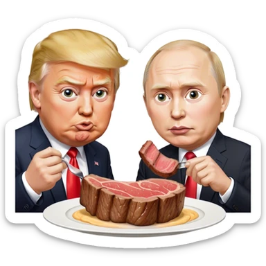 photorealistic Donald Trump and Putin eating a steak shaped like an piece of land sticker