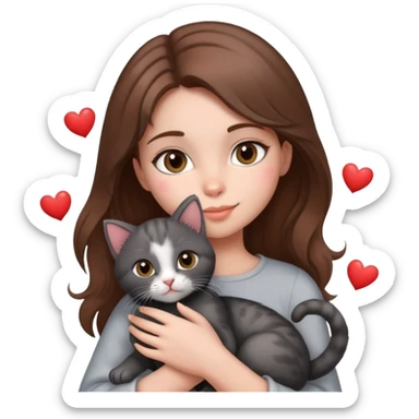 Girl with brown hair holding a grey and black kitten with,  love hearts around them like this emoji 🥰 sticker