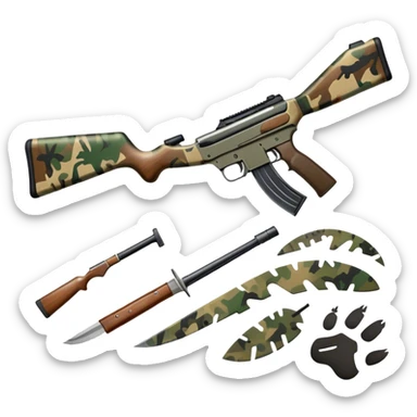 Icon for Hunting: a rifle, hunting knife and a set of animal tracks on the ground, surrounded by a camouflage pattern. The icon should represent the tools and spirit of hunting. Transparent background. sticker