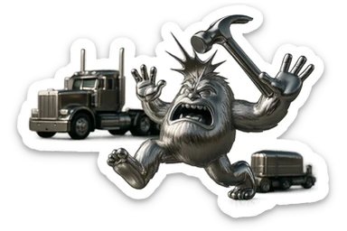Add a comic-style impact effect where the hammer hits the abominable snowman, remove any blue color from the abominable snowman. Keep the side view, flattop semi with chrome stacks far behind, light and realistic style, no text. sticker