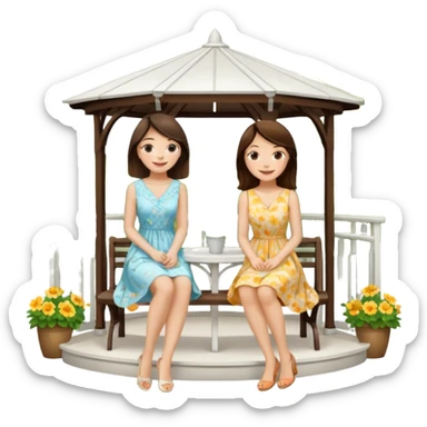 Two brunette women sitting on a white gazebo sticker