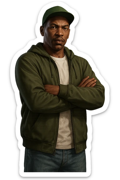CJ from GTA San Andreas in GTA5 style, crossing arms, urban streetwear, realistic, no background sticker
