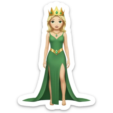 Queen, crown, blonde hair, green eyes, long green tight dress, Leg slit, whole Body, sticker