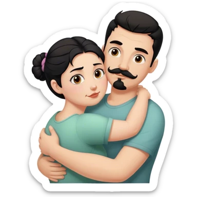 Tall strong white man with dark brown mustache goatee hugging a chubby short pale woman with messy black hair bun sticker