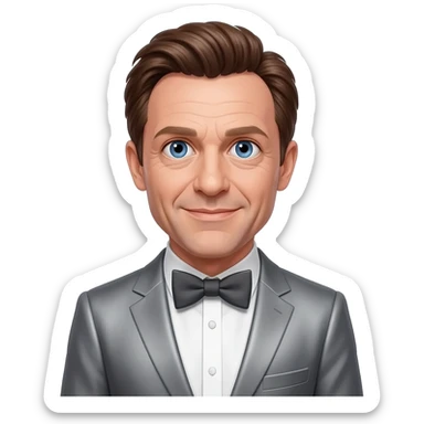 David Thewlis with blue eyes, brown hair, gray metallic suit with bow tie sticker