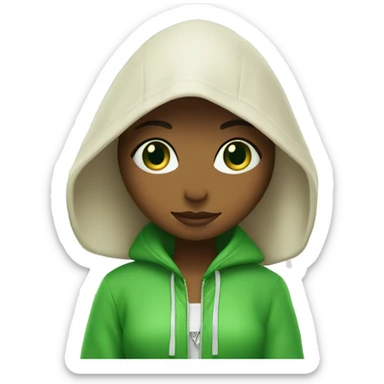 Green eyes girl in hood under palm tree and engagement ring sticker