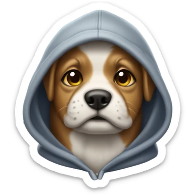 Dog wearing hoodie with a cap sticker