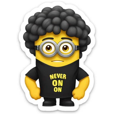 A buff minion wearing a black t shirt top with the words “never goon” on the shirts chest area sticker