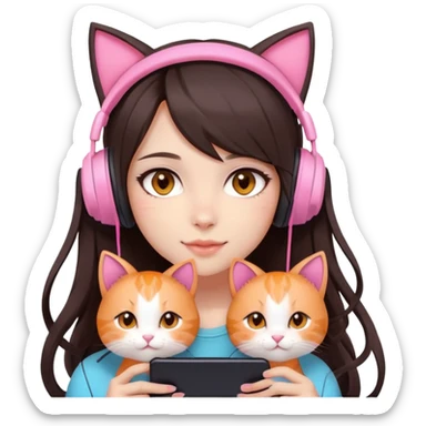 gamer girl with long dark brown hair, light skin, big brown eyes, cute, pink headset with cat ears, blushing softly and naturally, beautiful, holding orange cat sticker