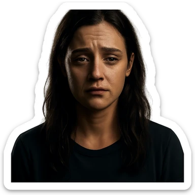 Centered portrait of the same woman with a sad expression, transparent background, in the style of a Netflix series poster, cinematic and dramatic lighting, realistic and detailed. sticker