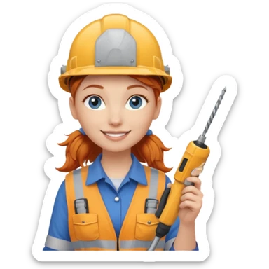 A ginger haired girl blue eyes, handyman Outfit, wearing a Helmet, with drill sticker