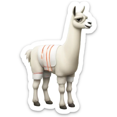 llama standing in a field with a bandage on his leg and a head wound sticker