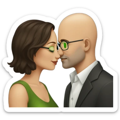 dark brown haired woman without glasses and green eyes kissing bald man with glasses sticker