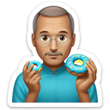 Steve jobs is eating a fully glass colored doughnut. the Doughnut is colored cyan and steve jobs is holding it by his hands, going to eat sticker