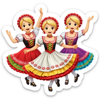 Cinematic Realistic Mazurka Dance Emoji, depicted as a lively traditional Polish folk dance scene with colorful costumes and spirited movement, rendered with dynamic textures and vibrant festive lighting that captures its rhythmic energy. sticker