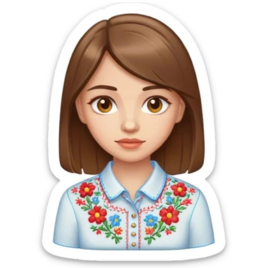 Ukrainian girl with brown hair in an embroidered shirt and a magnet sticker