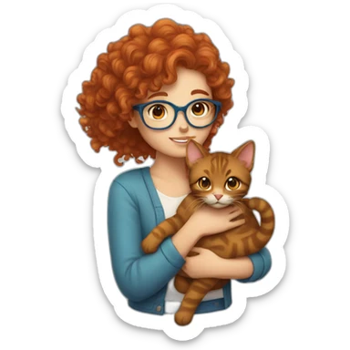 a pretty girl with curly copper hair and blue glasses hugging a cat sticker