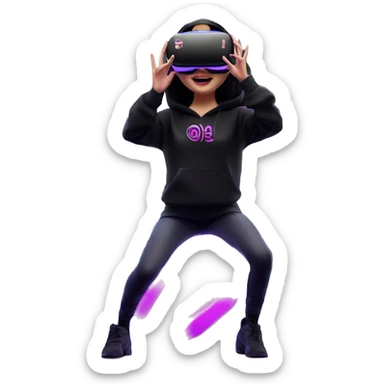 Russian girl wearing black hoody with violet letters "OMG", in vr headset oculus quest2. Dancing. Cyberpunk style. Violet neon. sticker