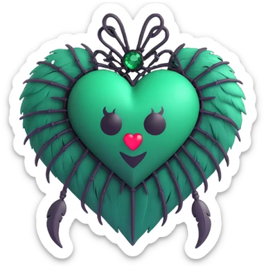 3D emoji gothic heart, emerald green crystal texture, silver spider charm, feather accents, lush and gothic style, misty background sticker