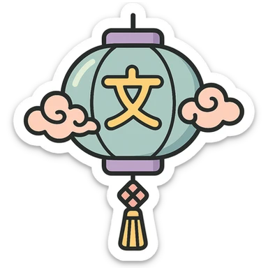 Chinese lantern with Chinese characters, shaped like the third variant (lantern with tassel and clouds), in icon-color-outlined style with thin clean contours, soft rounded shapes, pastel palette #98B5BC, #B5B3C1, #C9A3C9, #E4C0CA, #F7DCD1, #F7C0AA, modern Japanese pop art and sticker aesthetics, detailed shadows and highlights, soft lighting, transparent background. sticker
