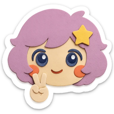 Remove the yellow moon from the hair. Remove the body, keeping only the head and the peace sign hand gesture. Preserve all other features and colors exactly as in the reference image, including the yellow star in the hair, hair color, eye color, blush, and paper craft style. Clean lines, transparent background. sticker
