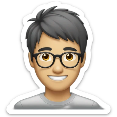 A 20-year-old Asian male wearing transparent gray-framed glasses, with fair skin, black choppy bangs nearing his eyebrows, large eyes, an oval-shaped face, smiling with teeth showing sticker