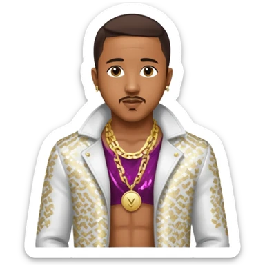 Marques Houston with dark brown hair, white sequin jacket, shirtless with necklace sticker