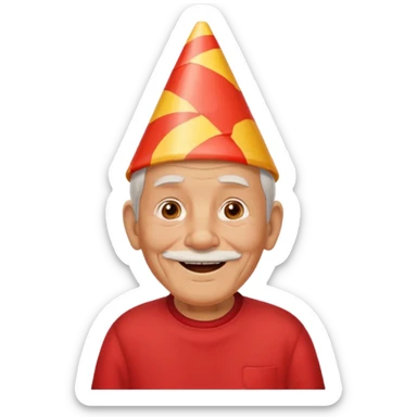 old man with warming smile, red shirt and birthday cone on his head sticker