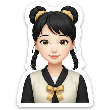 a beautiful girl face, wearing cute korean makeup, black hair, tied into two lowbuns with front bangs, black shirt, white jacket with golden shoulder pads, kpop idol sticker
