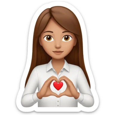 Mujer trigueña cabello largo lacio castaño haciendo un corazon con sus manos y tenga una camisa blanca sticker