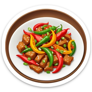 Hunan spicy stir-fried pork with colorful peppers, simplified emoji style with bold outlines and bright colors, cartoon style Chinese spicy dish sticker