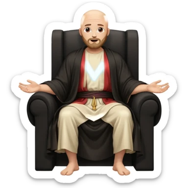 fullbody bald jesus christ jacked, sleeveless and unbuttoned in black robe sitting with elbows on armrests sticker