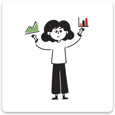 Girl holding chart with rising green graph line in right hand and holding another chart with falling red graph line in left hand sticker