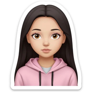 A pretty girl with light skin and long straight black brown hair, wearing a very light pink basic hoodie with brown eyes and makeup and a round face sticker