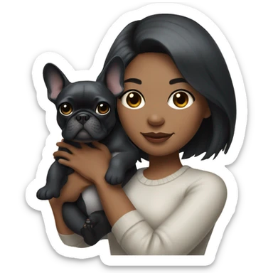 A girl with bear skin, black hair, medium length holding a gray French bulldog sticker