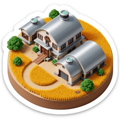 Modern robotic farm in skeuomorphism style, metallic buildings on visible soil, golden wheat fields, harvest robots, glowing pipes, emoji-style sticker
