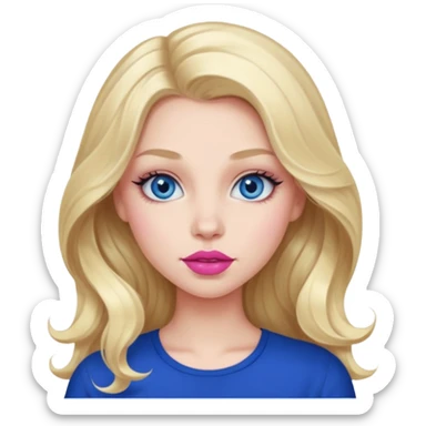 girl with wide blue eyes with long thick lashes with long wavy blonde hair and a dark blue top on with pink lipstick and big lips sticker