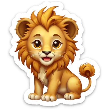 Cinematic Comical Lion Cub Portrait Emoji, Head tilted dramatically with an exaggeratedly amused expression, featuring a striking tawny Fur with a flamboyant mane and wide, expressive amber eyes filled with playful disbelief, Simplified yet hilariously expressive features, highly detailed, glowing with a slightly sassy glow, high shine, dramatic yet playful, stylized with an air of cheeky jungle mischief, bright and endearing, soft glowing outline, capturing the essence of a spirited and over-the-top Lion Cub, so meme-worthy it feels like it could roar its way into internet fame instantly! sticker