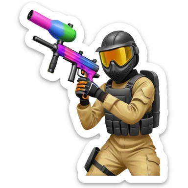 A dynamic scene of a player in action, holding a paintball gun and wearing protective gear. The background shows a vibrant paintball field with obstacles, colorful splatters of paint in the air, and an intense, competitive atmosphere. sticker