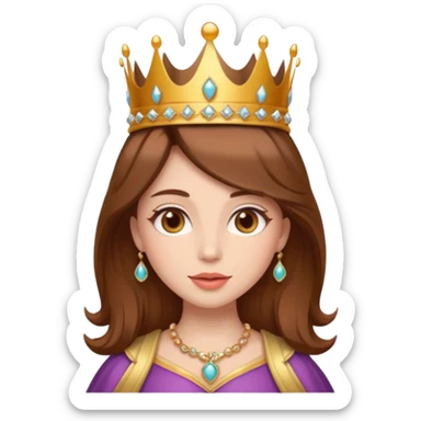 vull un perosnatge estil bimoji que sigui una figura radiante y serena. Se la describe como hermosa y deseable. Cabello castaño y labios carnosos y de un color meocoton, ojos color miel y una vestimenta digna de la realeza, sin olvidar su corona sticker